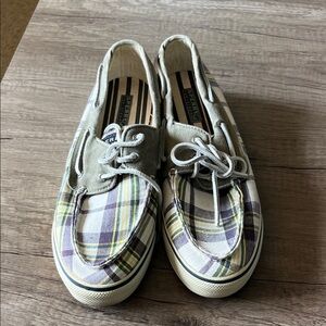 Sperry Plaid Canvas Boat Shoes in Purple, Yellow & Cream